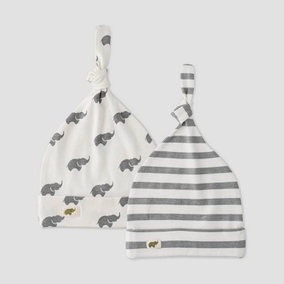 Layette by Monica + Andy Baby 2pk Striped and Elephant Print Top Knot Hat - Gray