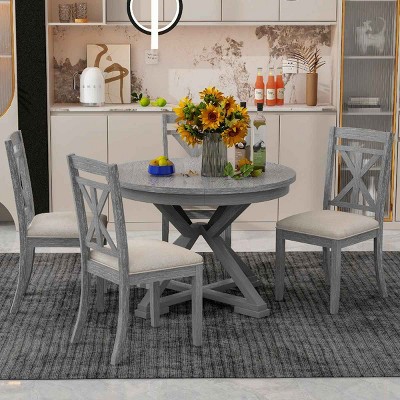5 PCS Retro Dining Set, Extendable Round Table with Removable Leaf, Upholstered Chairs with Rubberwood Frame and Cushion-Coolbibila
