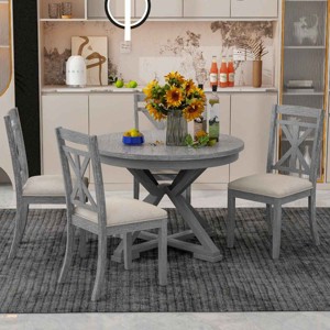 5 PCS Retro Dining Set, Extendable Round Table with Removable Leaf, Upholstered Chairs with Rubberwood Frame and Cushion-Coolbibila - 1 of 4