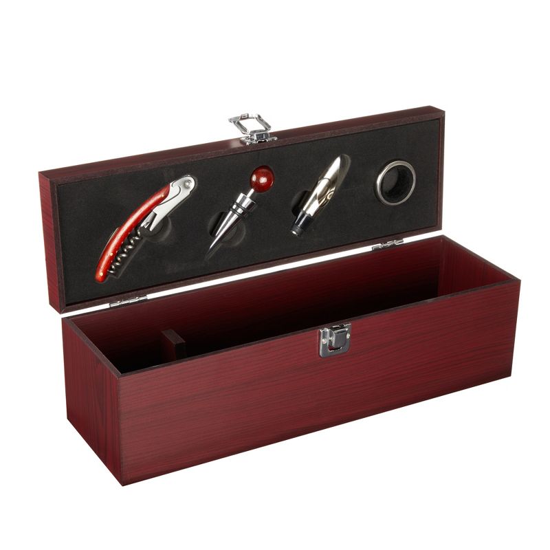True Cherry 1-Bottle Wine Accessories Gift Set | Premium Corkscrew Opener Kit, Drip Ring, Wine Pourer, Stopper in Wood Case with Padded Insert, Brown, 4 of 9