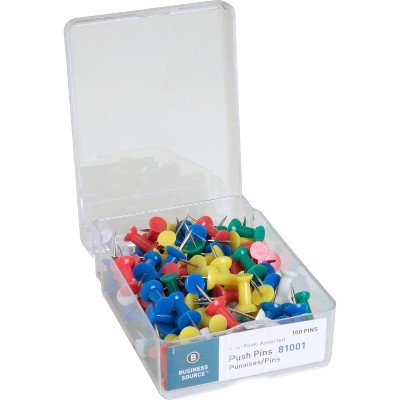 Business Source Pushpins 3/8" Point 1/2" Heads 100/BX Assorted 81001