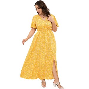 Coolmee Women's Plus Size Maxi Dress Wrap V Neck Short Sleeve High Waist Side Split Flowy A Line Casual Elegant Floral Long Dress - 1 of 4