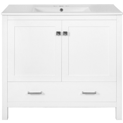 Vynxaria 36-Inch White Bathroom Vanity - Ceramic Sink, 2 Soft-Close Doors, Double Shelves, Divided Drawer, Solid Wood+MDF - Modern Ample Storage