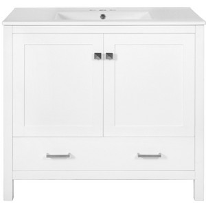 Vynxaria 36-Inch White Bathroom Vanity - Ceramic Sink, 2 Soft-Close Doors, Double Shelves, Divided Drawer, Solid Wood+MDF - Modern Ample Storage - 1 of 4