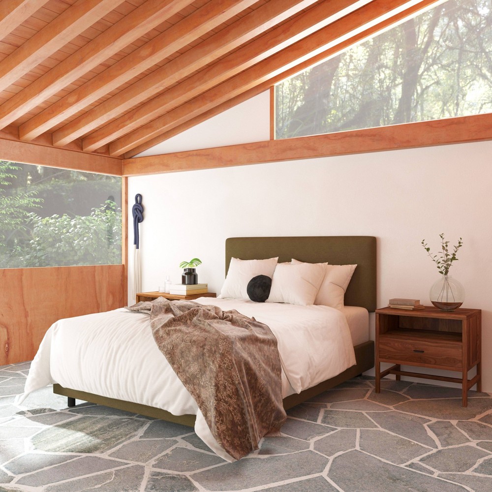 Photos - Bed Olivia Queen Size Upholstered Square  in Classic Linen Olive - Threshold™