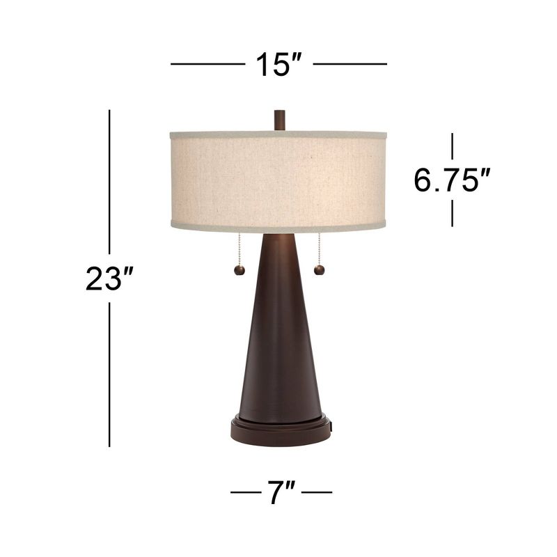 Franklin Iron Works Craig Rustic Farmhouse Accent Table Lamps 23" High Set of 2 Bronze with USB Charging Port Natural Drum Shade for Bedroom Desk, 4 of 9