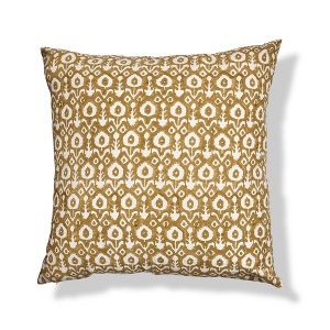 TAG 22"x22" Ikat Flower Block Print Ochre Cotton Accent Decorative Throw Pillow Poly Filled Removable Insert Square Machine Wash Brown - 1 of 3