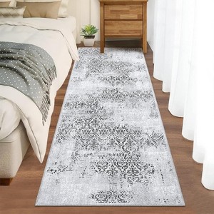 Boho Chenille Washable Area Rug with Distressed Damask Print, Non-Slip TPR Backing, Stain Resistant Carpet for Living Room, Bedroom, Entryway - 1 of 4
