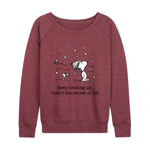Women's - Peanuts - Dec Snoopy Woodstock Snowfall Lightweight French Terry Wide Neck Long Sleeve Graphic Shirt - 1 of 4