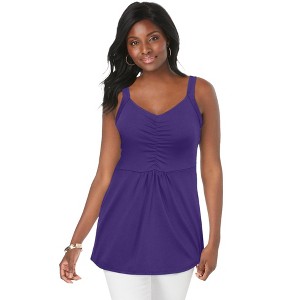 Jessica London Women's Plus Size Stretch Cotton Shirred Tank - 1 of 3