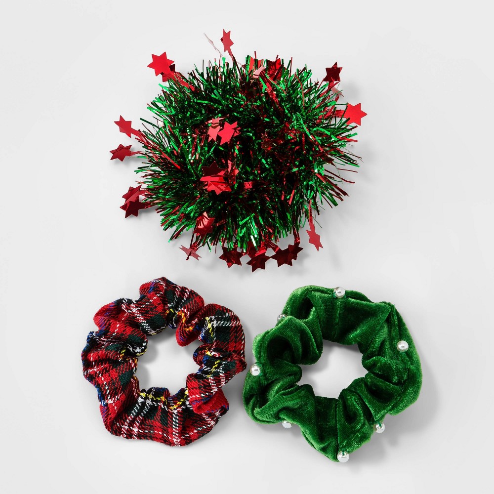 Holiday Novelty Tinsel and Plaid Hair Twisters 3pc - Berry Red
