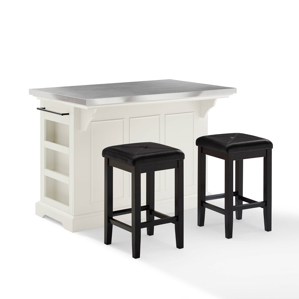Photos - Kitchen System Crosley Julia Stainless Steel Top Island with Upholstered Square Stools White/Blac 