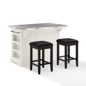 Julia Stainless Steel Top Island with Upholstered Square Stools White/Black - Crosley