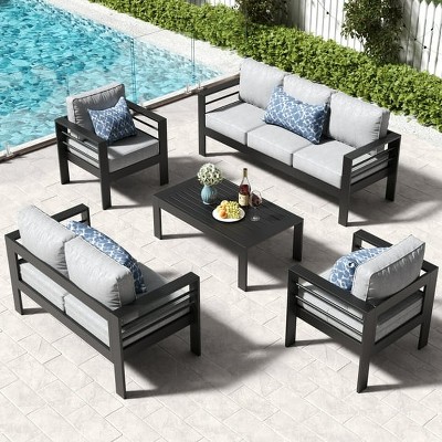 LayinSun Outdoor Aluminum Furniture Set, 5 Pieces Patio Sectional Conversation Chat Sofa Modern Seating Set with Coffee Table