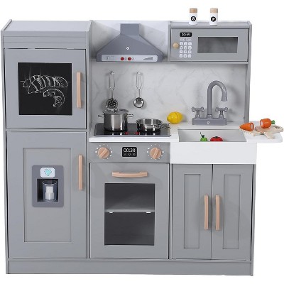 Wooden Play Kitchen Set, Pretend Play Kitchen with Cookware Accessories, Microwave, Oven, Sink, Real Lights & Sounds for 3+ Chef Pretend Play