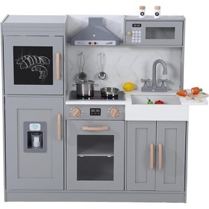 Wooden Play Kitchen Set, Pretend Play Kitchen with Cookware Accessories, Microwave, Oven, Sink, Real Lights & Sounds for 3+ Chef Pretend Play - 1 of 4