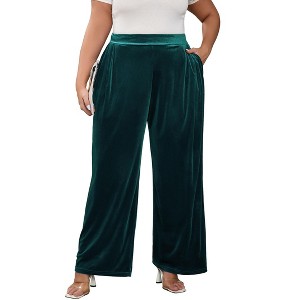 Coolmee Women's Plus Size Velvet Pants Elastic Waist Wide Leg Casual Lounge Pant with Pockets 2XL Dark Green - 1 of 4