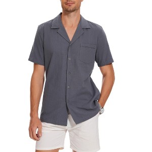 Men's Camp Collar Short Sleeve Shirt - Casual Button-Down with Chest Pocket & Back Pleat - 1 of 3