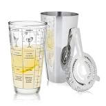 True 3-Piece Barware Set with 7 Cocktail Recipes and Measurements Printed on Mixing Glass, Glass and Stainless Steel, Multicolor