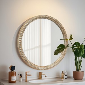 Spassway Decorative Round Wood Mirror with Bead Rustic Farmhouse Circle Mirrors for Wall Decor Living Room Entryway Bathroom Over Sink - 1 of 4