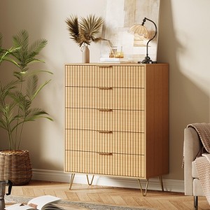 5-Drawer Fluted Dresser, Tall Wave Pattern Storage Cabinet, Modern Narrow Vertical Organizer & Small Nightstand for Bedroom Living Room Entryway - 1 of 4