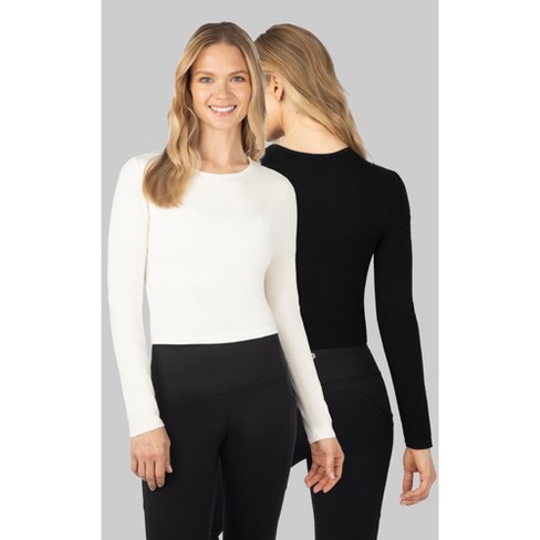 Yogalicious Womens Heavenly Ribbed Kathleen Long Sleeve Crop Top -  Gardenia/Black - X Small