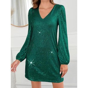 Coolmee Women's Sequin Dress Shimmer Formal V Neck Long Sleeves Glitter Bodycon Cocktail Party Prom Mini Dresses - 1 of 3