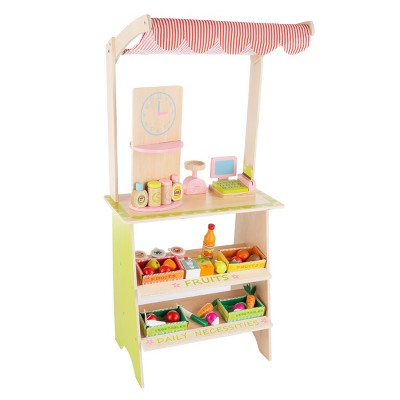 Kids Fresh Market Selling Stand- Wooden Grocery Store Playset with Toy Cash Register, Scale, Pretend Credit Card and 31 Food Accessories by Toy Time