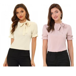 Allegra K Women's Elegant Bow Tie Neck Elastic Cuffs Office Short Sleeve Blouse 2 Pcs - 1 of 4