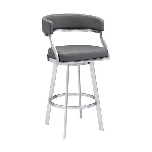 Armen Living 30" Saturn Faux Leather Stainless Steel Barstool Gray: Swivel, Low Back, Footrest, Fixed Height - 1 of 4