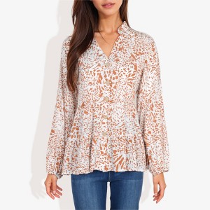 Anna-Kaci Women's Long Sleeve Button Down Blouse with Animal Print and Ruffle Trim V-Neck Casual Top - 1 of 4