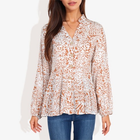 Anna-Kaci Women's Long Sleeve Button Down Blouse with Animal Print and Ruffle Trim V-Neck Casual Top - image 1 of 4