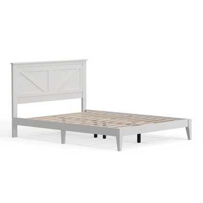 Gloss White Queen Size Solid Oak Wood Platform Bed with Headboard