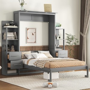 NicBex Full Size Murphy Bed Wooden Bed Frame Morden Hideaway Wall Bed with 2 Side Storage Shelf and 4 Drawers for Apartment - 1 of 4