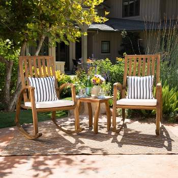 Cayo 3pc Acacia Wood Outdoor Patio Rocking Chair Chat Set - Natural/Cream - Christopher Knight Home