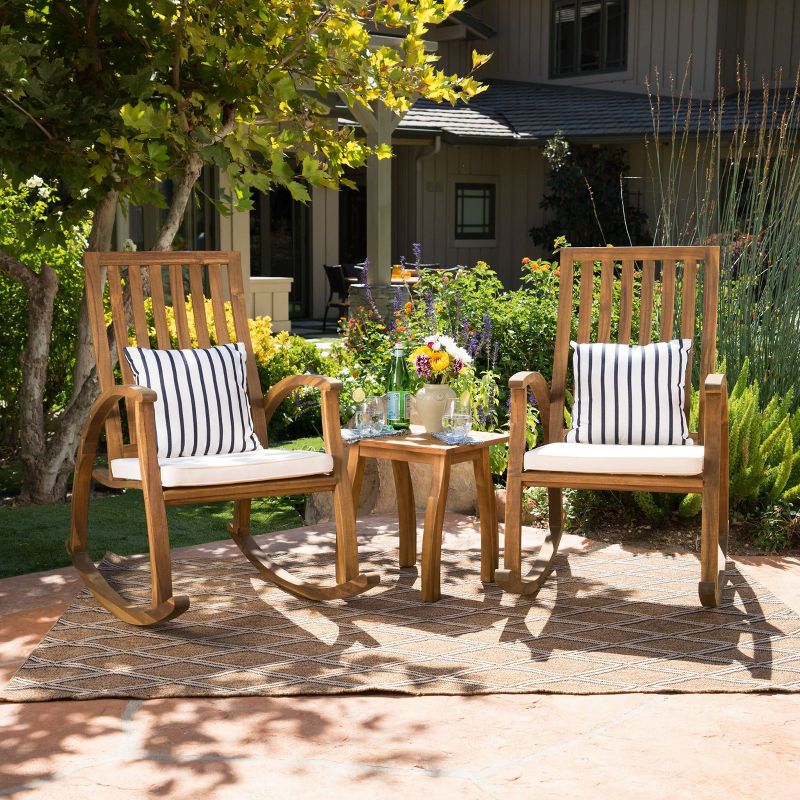 Cayo 3pc Acacia Wood Outdoor Patio Rocking Chair Chat Set - Natural/Cream - Christopher Knight Home, 1 of 6