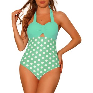 Elerevyo Women's Halterneck Polka Dot Monokini Tummy Control Cut Out String Swimsuit Bathing Suits 1 Pc - 1 of 4