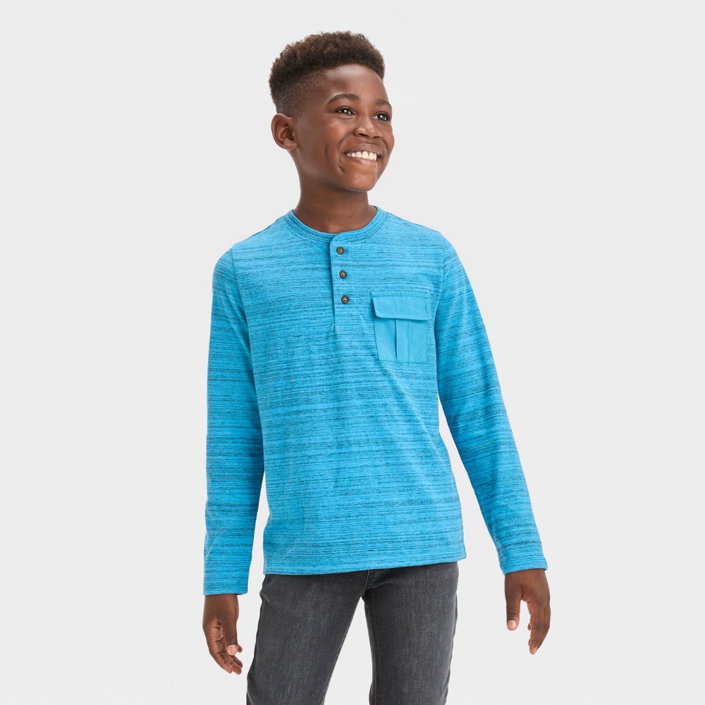 (Size: S)Boys' Long Sleeve Pocket Henley Shirt - Cat & Jack™ Blue S