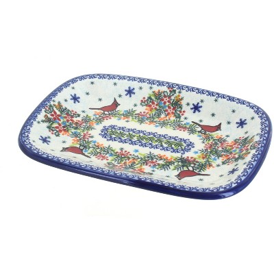 Blue Rose Polish Pottery Winter Cardinal Small Rectangular Platter