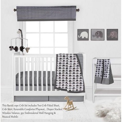 Bacati - Elephants White/Gray 10 pc Crib Bedding Set with 2 Crib Fitted Sheets