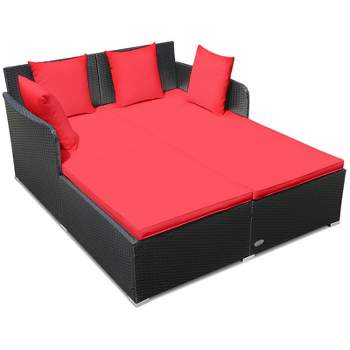 Tangkula Patio Rattan Daybed with 4 Pillows Cushioned Sofa for Outdoor