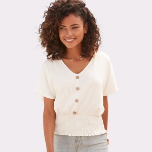 Women's V-Neck Smocked Top - LASCANA - 1 of 4