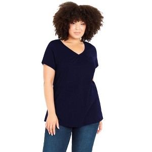 Avenue Women's Plus Size Cotton Gather V Top - 1 of 4