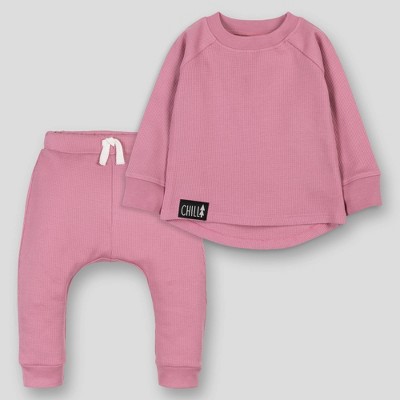 Image of Lamaze Baby Girls' 2pc Organic Cotton Thermal Loungewear Long Sleeve Top & Bottom Set - Mauve Pink