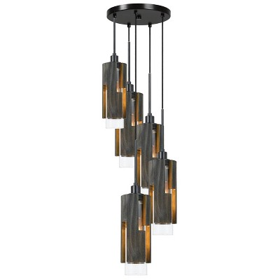 16.75" x 16.75" Reggio Wood Round Pendant with Clear Glass Cylinder Shade Dark Bronze - Cal Lighting