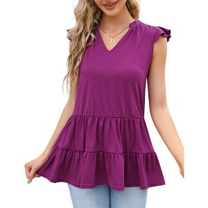 WhizMax Women's Summer Casual V-neck Peplum Sleeveless Tiered Ruffled Hem Solid Color Babydoll Tank Tops - 1 of 4