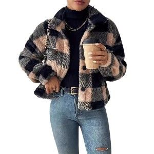 Women's Plush Checkered Single-Breasted Blazer Winter Coat - 1 of 4