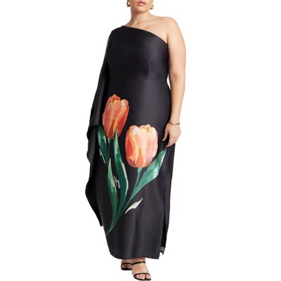 ELOQUII Women's Plus Size One Shoulder Dramatic Sleeve Dress