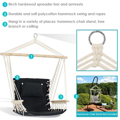 Black Polycotton Hanging Chair with Birch Spreader Bar and Cushions