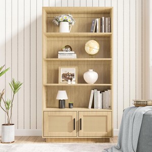 Boho Bookcase with Rattan Doors, 5 Tier Bookshelf, Wooden Bookcase and Bookshelf with Storage - 1 of 4